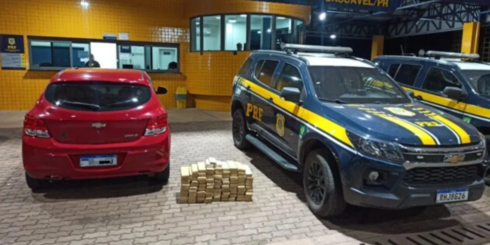 Foram encontrados 92 tabletes da droga em cinco sacolas plásticas.