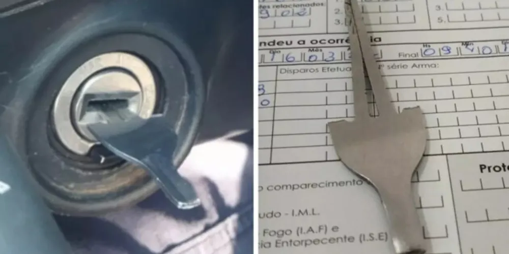 Para ser usado como chave, o garfo de alumínio foi quebrado. Ele estava sem o cabo e apenas com os dois dentes centrais.