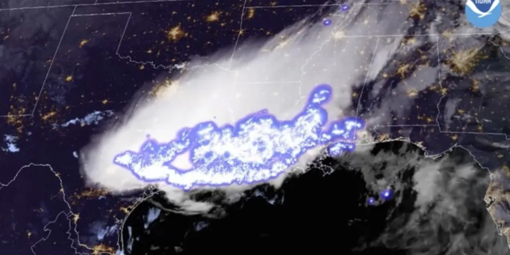 Imagem de satélite fornecida pela NOAA (Administração Nacional Oceânica e Atmosférica dos EUA) mostra um complexo de tempestades que contém o mais longo flash único (raio) do mundo.