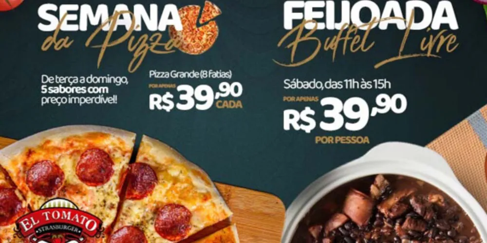 Agora, o cliente pode saborear a feijoada no restaurante e aproveitar a promoção de pizzas por apenas R$ 39,90