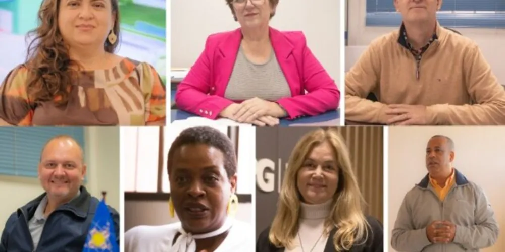 Os pró-reitores Andrea, Eliane e Emerson (em cima) e Giovani, Ione, Maria e Miguel Archanjo  (embaixo)