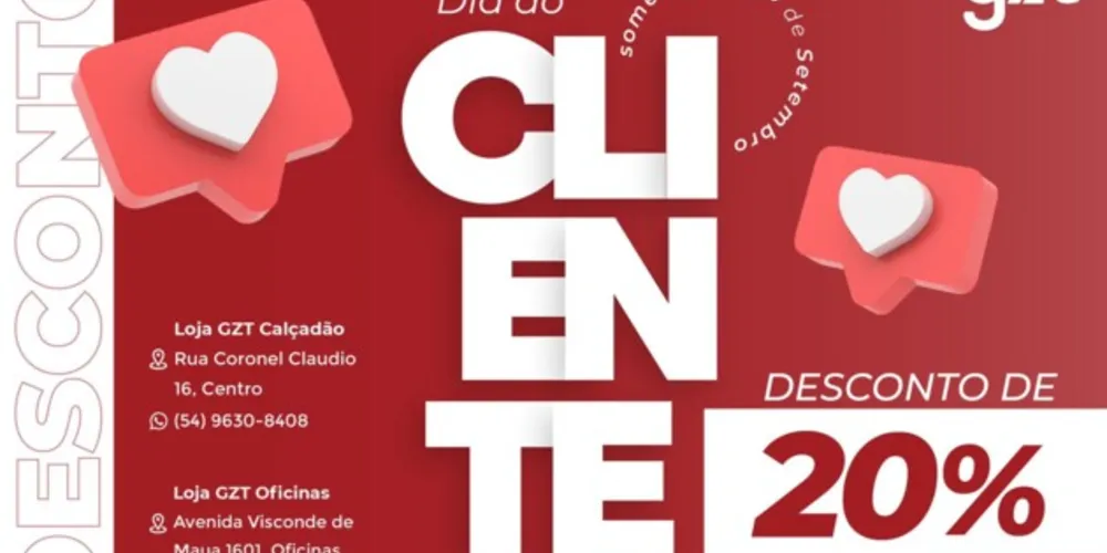 Nesta sexta-feira, as lojas GZT de Ponta Grossa, vão estar com descontos especiais em comemoração ao Dia do Cliente