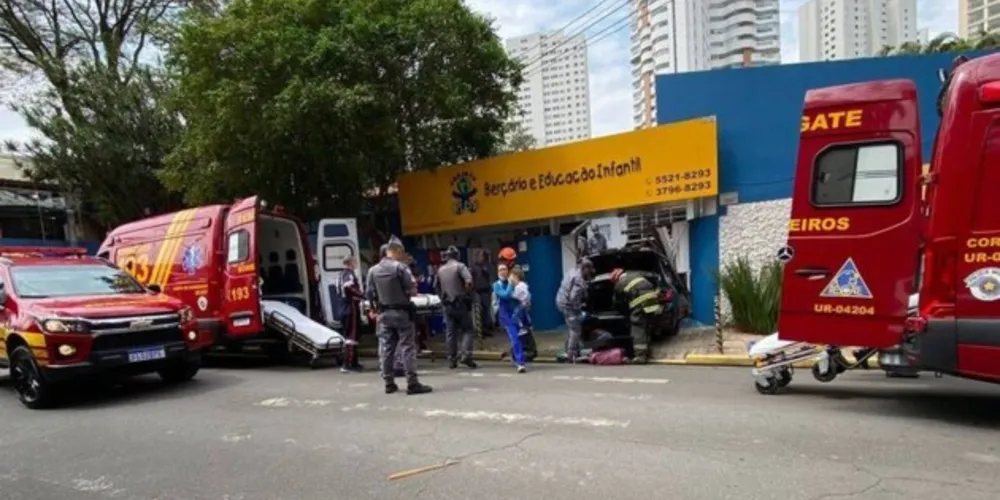 Uma BMW 320i, de cor preta, acabou batendo no portão da escola