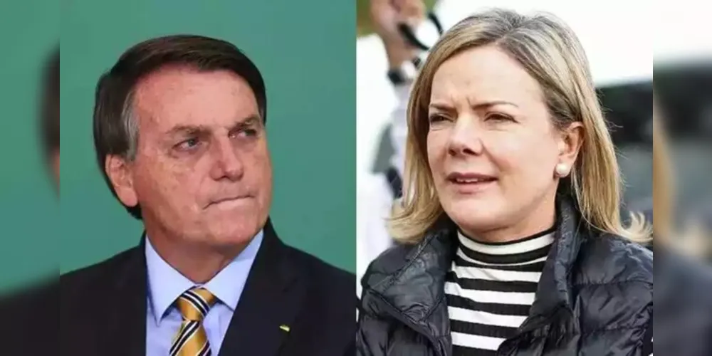 À esquerda o atual presidente do Brasil, Jair Bolsonaro, e à direita a atual presidente do PT, Gleisi Hoffmann