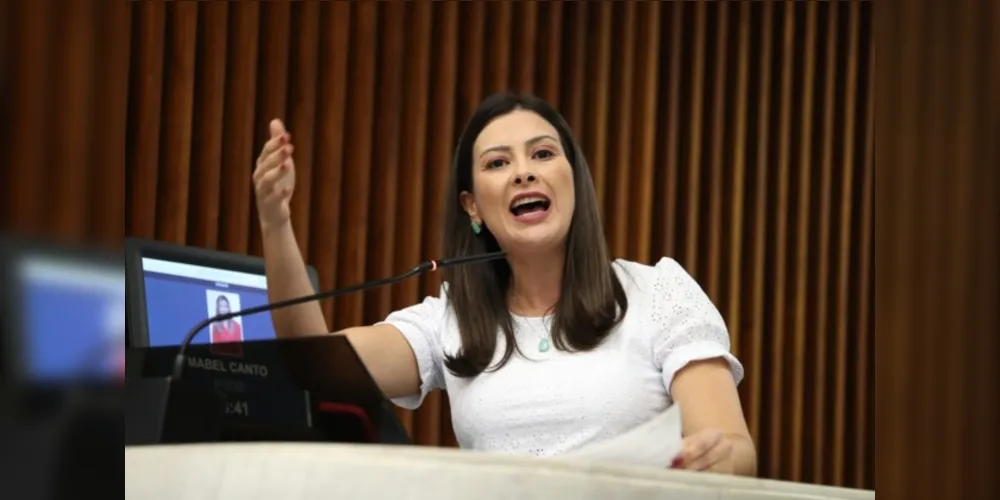 Deputada Estadual Mabel Canto em discurso na Assembleia Legislativa.