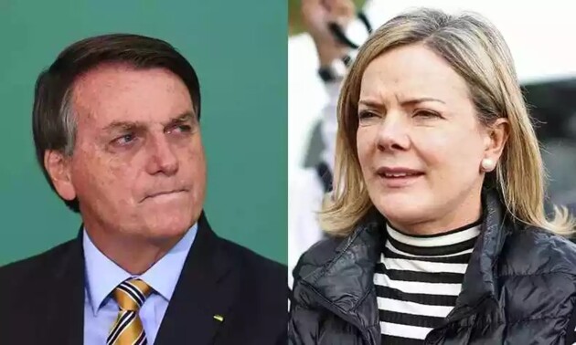 À esquerda o atual presidente do Brasil, Jair Bolsonaro, e à direita a atual presidente do PT, Gleisi Hoffmann