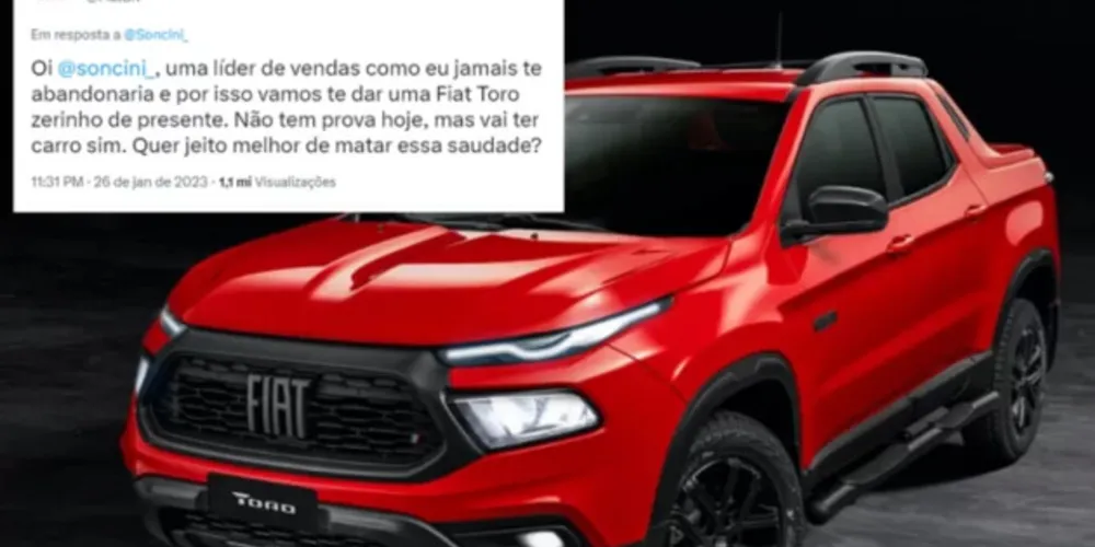 A publicação viralizou após o jovem ganhar um Fiat Toro, uma picape com modelos a partir de R$ 144 mil