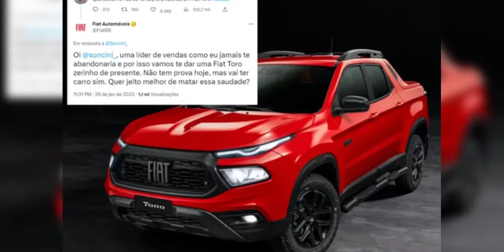 A publicação viralizou após o jovem ganhar um Fiat Toro, uma picape com modelos a partir de R$ 144 mil