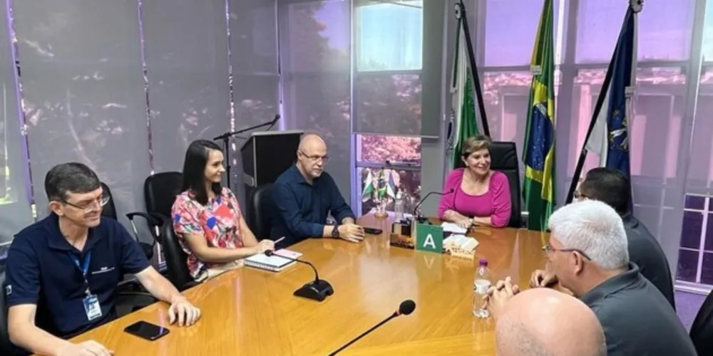 Elizabeth Schmidt em reunião no seu gabinete da Prefeitura Municipal.