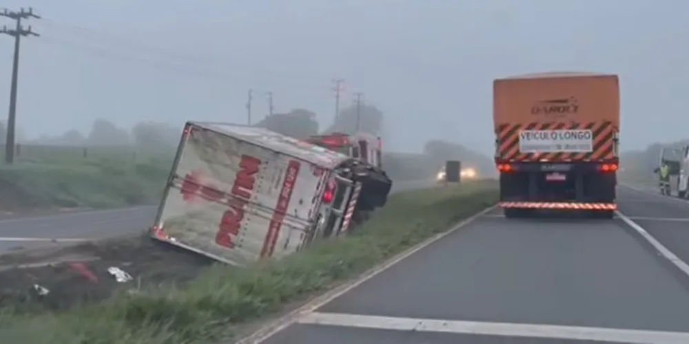 Caminhão tombou no canteiro central da rodovia