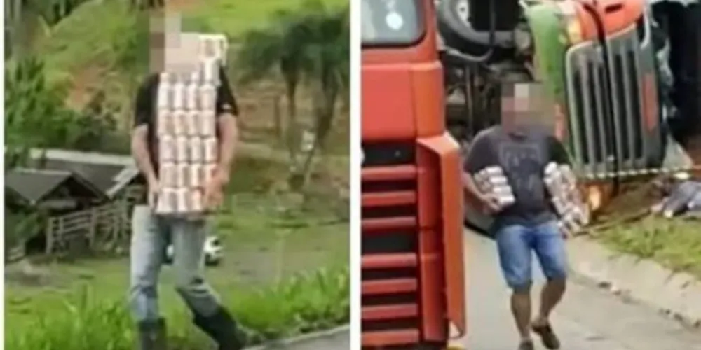 Imagens compartilhadas nas redes sociais mostram homens e mulheres levando caixas de cervejas pela rodovia federal