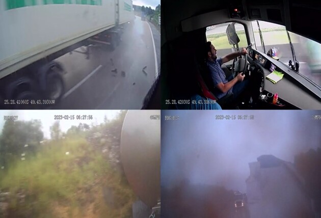 Câmeras mostraram o momento que o caminhão Volvo foi atingido pelo MAN