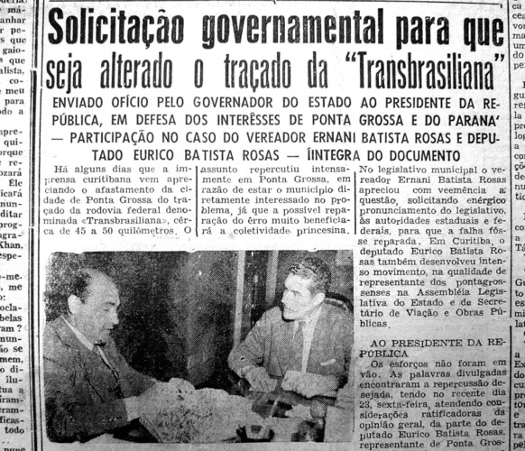 Em 25 de novembro de 1956 o JM publicou matéria a respeito da atuação do deputado Eurico Batista Rosas na tentativa de alterar o traçado da estrada Transbrasiliana