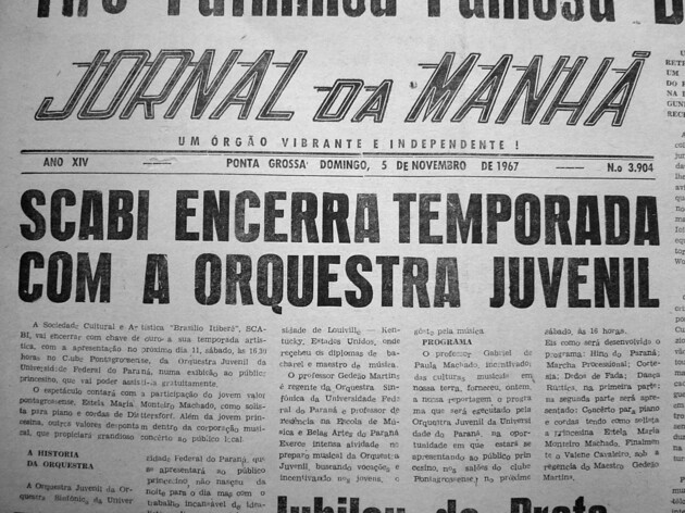 Notícia a respeito da apresentação da Orquestra Juvenil da UFPR em Ponta Grossa, numa promoção da SCABI, publicada no JM em 05 de novembro de 1967