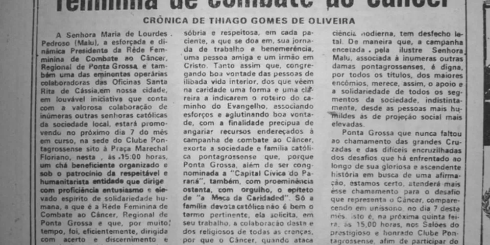 Notícia sobre um chá beneficente promovido pela Rede Feminina de Combate ao Câncer de Ponta Grossa, publicada no JM em 03 de maio de 1987