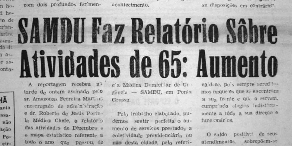 Publicada no início de 1966, a nota da conta da atuação do SAMDU em Ponta Grossa no ano anterior. JM em 06 de janeiro de 1966