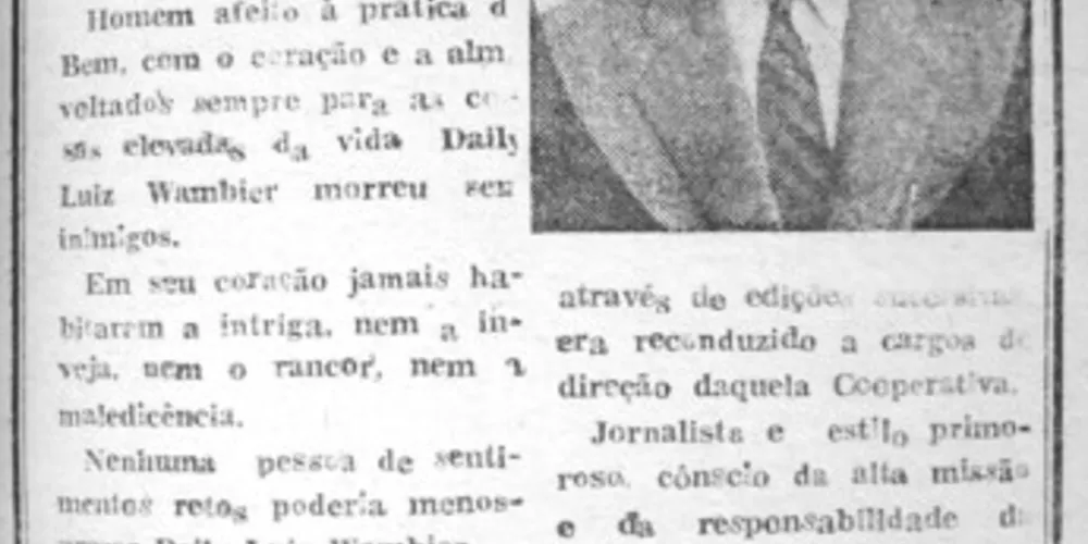 Matéria publicada no JM em 15 de setembro de 1965, registrando o falecimento do cronista Daily Luiz Wambier