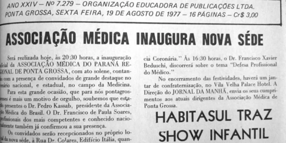 Matéria a respeito da inauguração da sede da Associação Médica de Ponta Grossa, publicada no JM em 19 de agosto de 1977