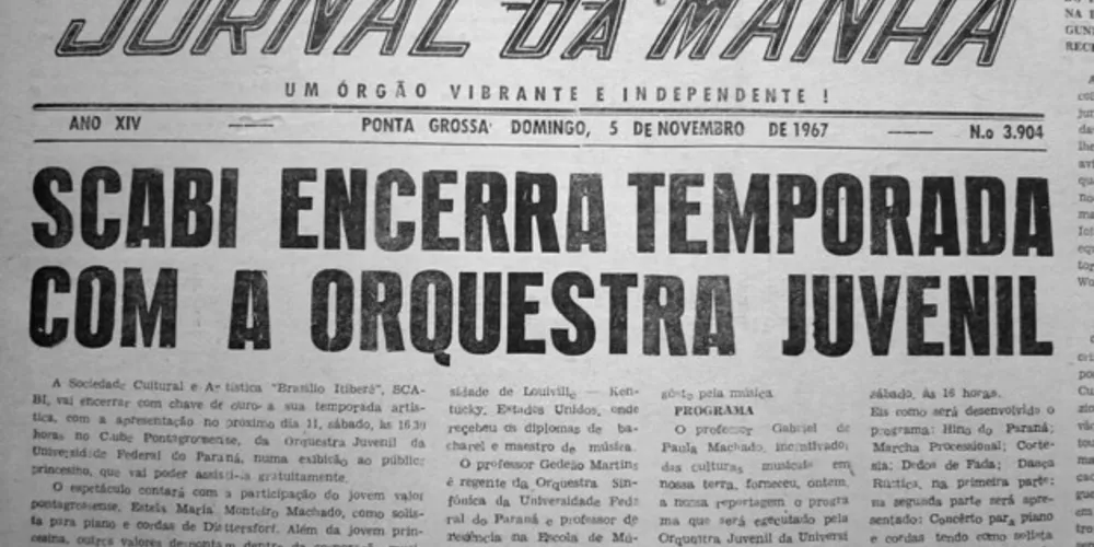 Notícia a respeito da apresentação da Orquestra Juvenil da UFPR em Ponta Grossa, numa promoção da SCABI, publicada no JM em 05 de novembro de 1967