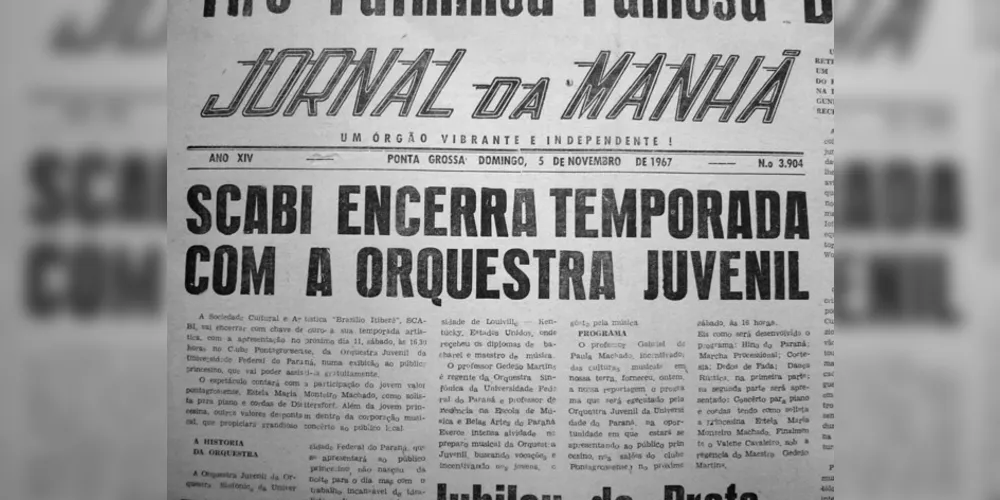 Notícia a respeito da apresentação da Orquestra Juvenil da UFPR em Ponta Grossa, numa promoção da SCABI, publicada no JM em 05 de novembro de 1967