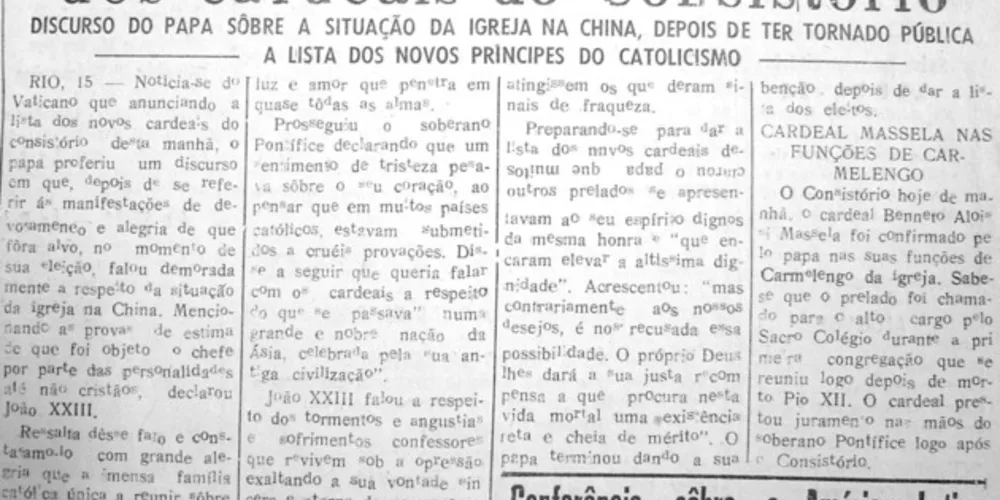 Matéria sobre o Papa João XXIII publicada no JM em 16 de dezembro de 1958.