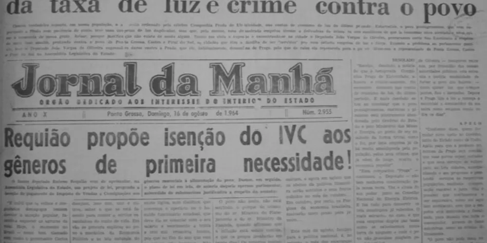 Artigo de primeira página do JM em 16 de agosto de 1964. Nele, o então Deputado João Vargas de Oliveira pronuncia-se contra os reajustes de tarifa implementados pela Cia. Prada de Eletricidade