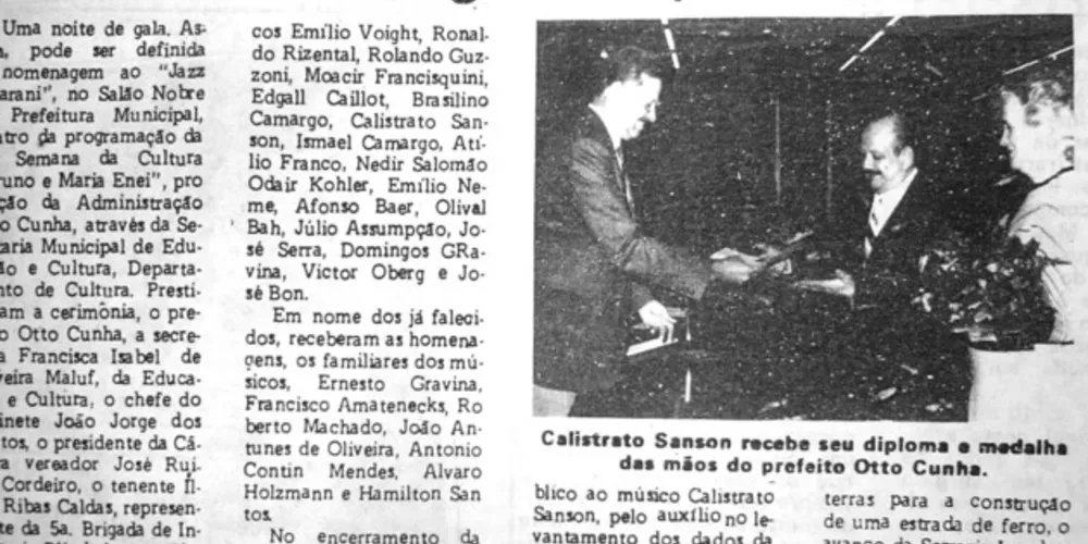 Matéria sobre a homenagem prestada pelo município ao maestro Calistrato Sanson, publicada no JM em 07 de maio de 1987