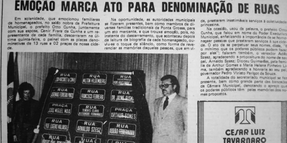 JM do dia 02 de outubro de 1984. Matéria sobre a solenidade de denominação de nomes para novas ruas em Ponta Grossa