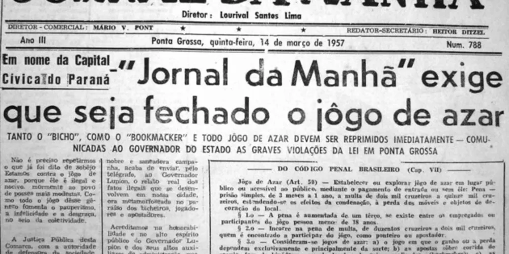 O destaque de primeira página do JM em 14 de março de 1957 foi o combate aos jogos de azar na cidade