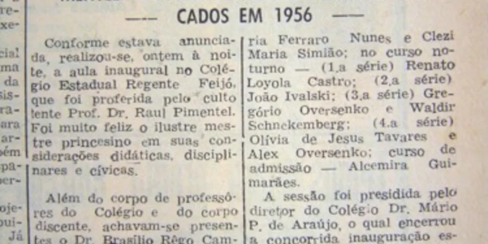 Notícia publicada no JM em 08 de março de 1957 tratando da aula inaugural do Colégio Regente Feijó, ministrada pelo professor Raul Pimentel