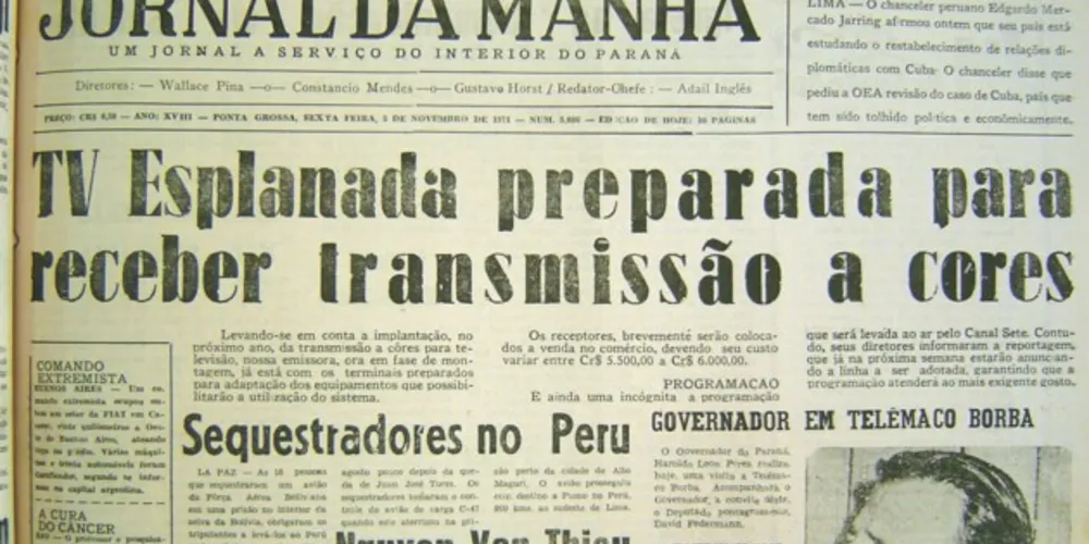 Matéria a respeito da TV Esplanada, a primeira emissora de Ponta Grossa, publicada no JM em 05 de novembro de 1971