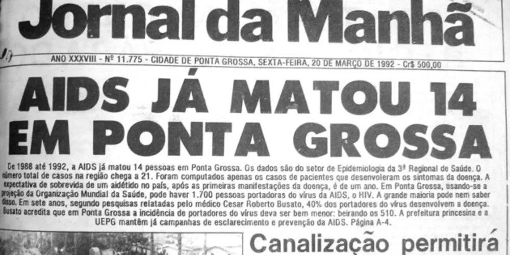 Primeira página do JM em 20 de março de 1992. Naquele período a AIDS começava a provocar receios e temores entre a população local