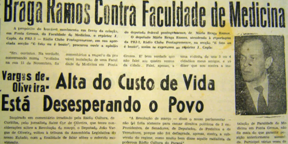 Notícia publicada no JM em 13 de dezembro de 1964, na qual, o Deputado Mario Braga Ramos posicionava-se contra a criação de uma faculdade de medicina em Ponta Grossa naquele momento