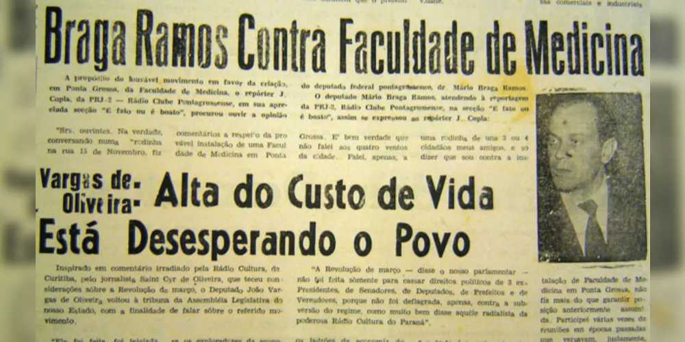 Notícia publicada no JM em 13 de dezembro de 1964, na qual, o Deputado Mario Braga Ramos posicionava-se contra a criação de uma faculdade de medicina em Ponta Grossa naquele momento