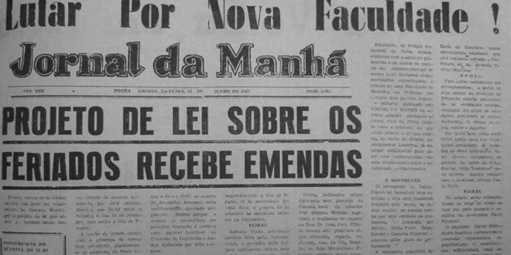 Primeira página do JM em 13 de junho de 1967. A manchete destacava a luta dos estudantes ponta-grossenses para a implantação do curso de medicina na cidade
