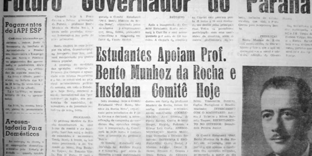 Primeira página do JM de 12 de agosto de 1965, na qual Bento Munhoz da Rocha Neto é anunciado como futuro governador do Paraná