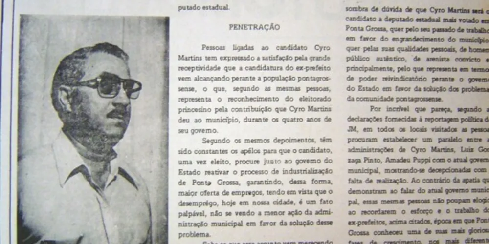 Publicada no JM em 12 de julho de 1978, esta notícia dava conta da possível preferência do eleitorado ponta-grossense por uma candidatura de Cyro Martins à prefeitura