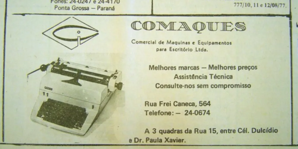 Anúncio da Comaques, empresa ponta-grossense especializada na comercialização e assistência técnica de máquinas de escrever, publicado no JM em 12 de agosto de 1977
