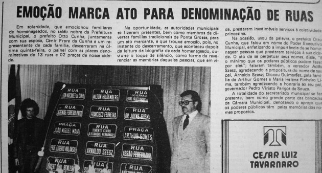 JM do dia 02 de outubro de 1984. Matéria sobre a solenidade de denominação de nomes para novas ruas em Ponta Grossa