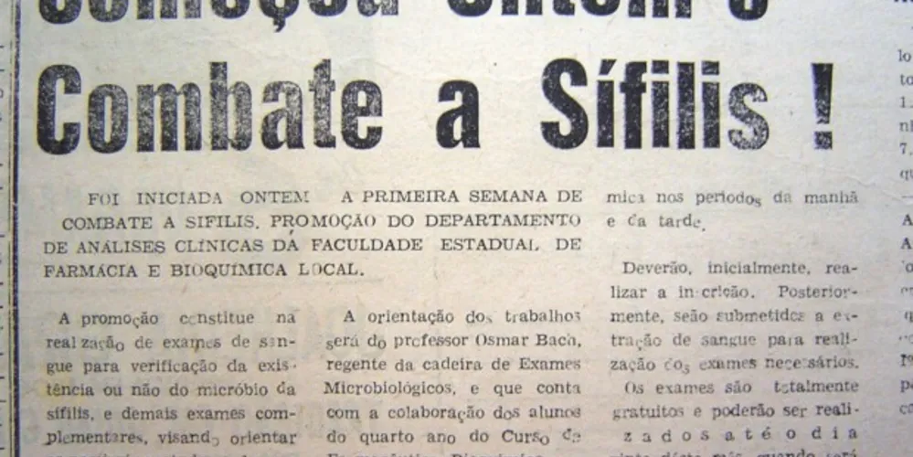 Nota tratando da realização da Semana de Combate à Sífilis, promovida pela Faculdade de Farmácia e Bioquímica de Ponta Grossa, publicada no JM em 17 de outubro de 1967