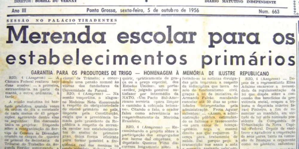 Matéria publicada em 05 de outubro de 1956 a respeito da aprovação do fornecimento da merenda escolar em todas as escolas primárias públicas no país