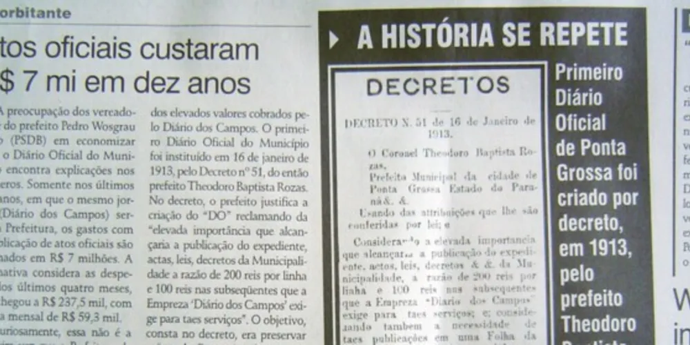 Notícia publicada no JM em 29 de maio de 2009, tratando da criação do Diário Oficial em Ponta Grossa