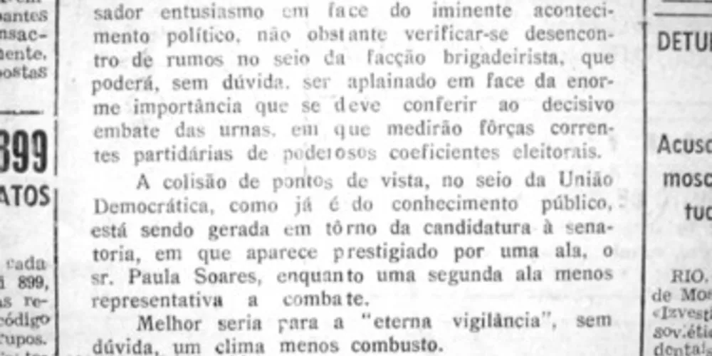 Notícia publicada pelo JM em 10 de janeiro de 1958 sobre a convenção estadual da UDN e a possível indicação do nome de João Vargas de Oliveira para concorrer ao cargo de Deputado Federal pelo partido