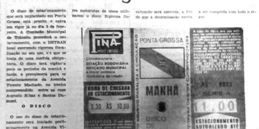 O JM de 28 de janeiro de 1970 trouxe a informação sobre a implantação do disco de estacionamento em Ponta Grossa