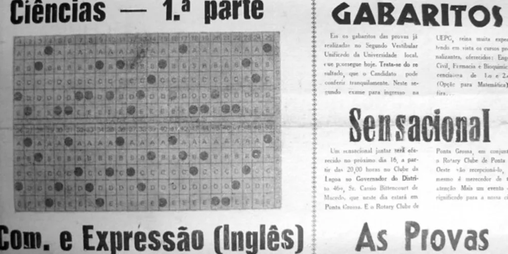 O JM de 15 de julho de 1975 publicou o gabarito das provas – de Ciências e de Comunicação e Expressão – do Segundo Vestibular Unificado realizado pela UEPG