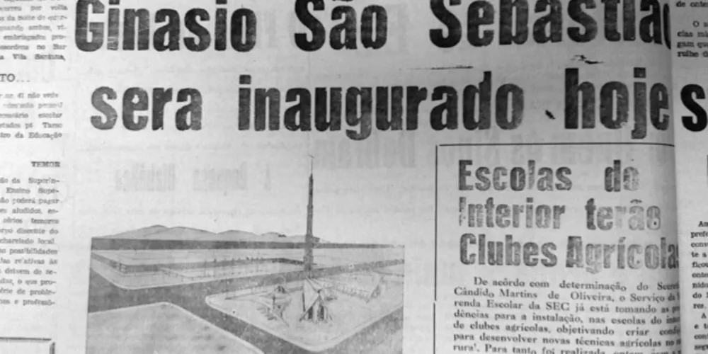 Matéria sobre a inauguração das obras do Ginásio São Sebastião, originalmente fundado em 1962. A imagem vinculada no artigo, publicado no JM em 12 de abril de 1969, também apresenta o projeto da Igreja São Sebastião. Ambas as construções foram finalizadas na década de 1970