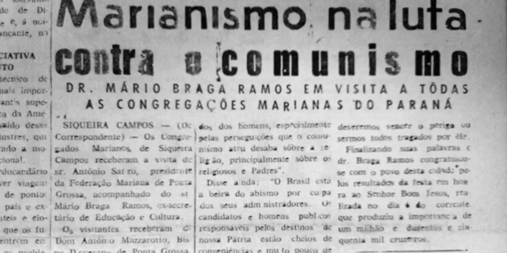 Em 07 de setembro de 1962 o JM publicou uma matéria a respeito das ações do Marianismo na região dos Campos Gerais