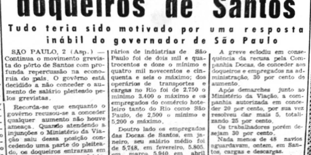 Em 03 de julho de 1955 o JM publicou notícia a respeito da greve dos trabalhadores do Porto de Santos/SP