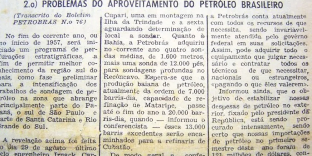 No ano de 1956 o JM publicou diversas notícias assinadas pela Petrobrás. Nesta, datada de 02 de outubro, a estatal informava sobre as perspectivas para o ano de 1957