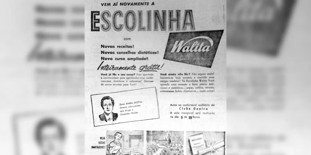 Anúncio de mais uma edição da Escolinha Walita em Ponta Grossa, publicado pelo JM em 28 de abril de 1957